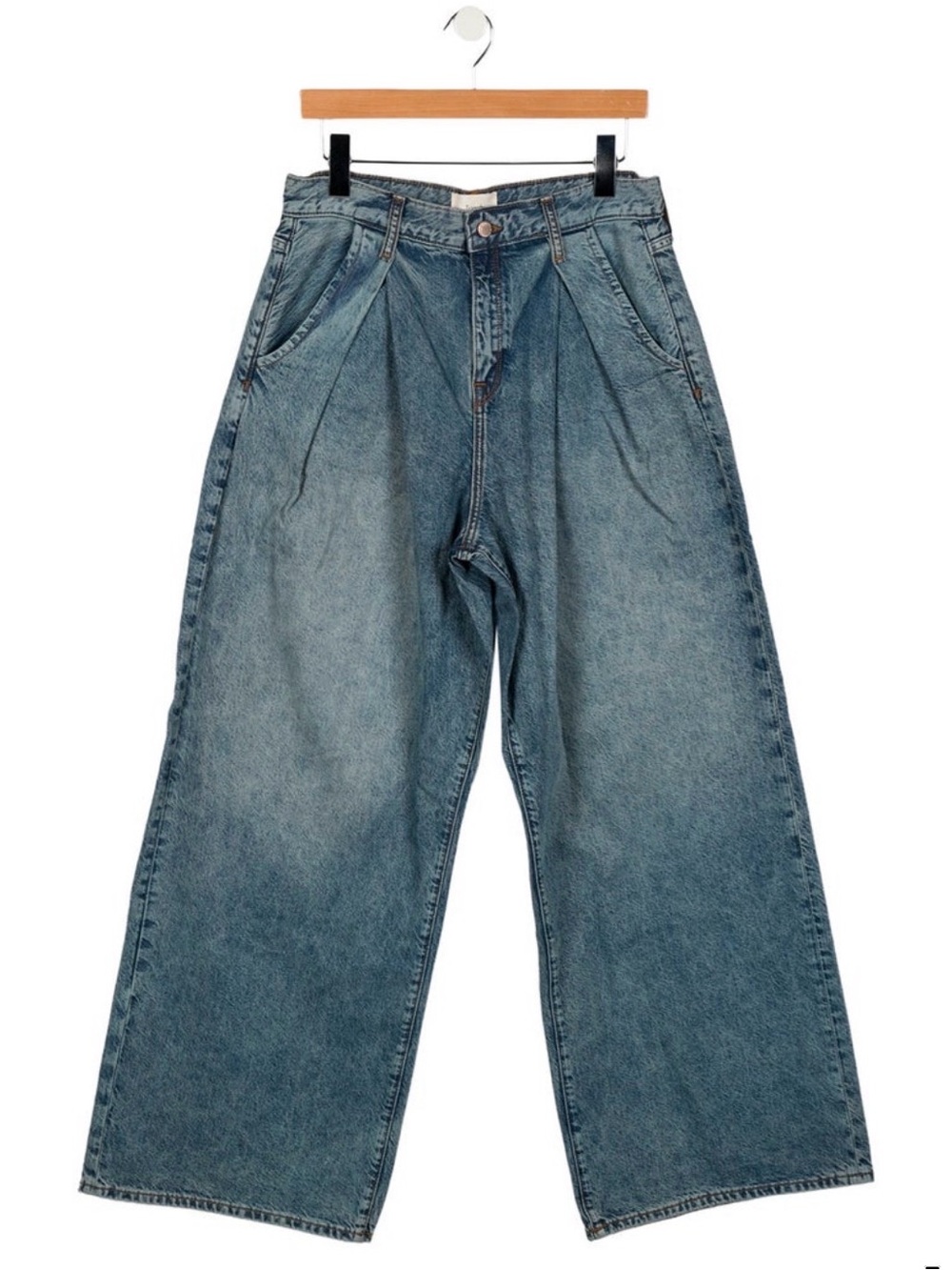 Pleated High-Rise Wide-Leg Jeans in Faded Blue